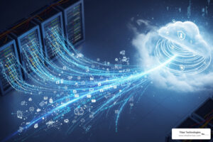 A visual representation of cloud migration, showing data flowing from on-premise servers to a cloud environment, symbolizing a seamless transition.