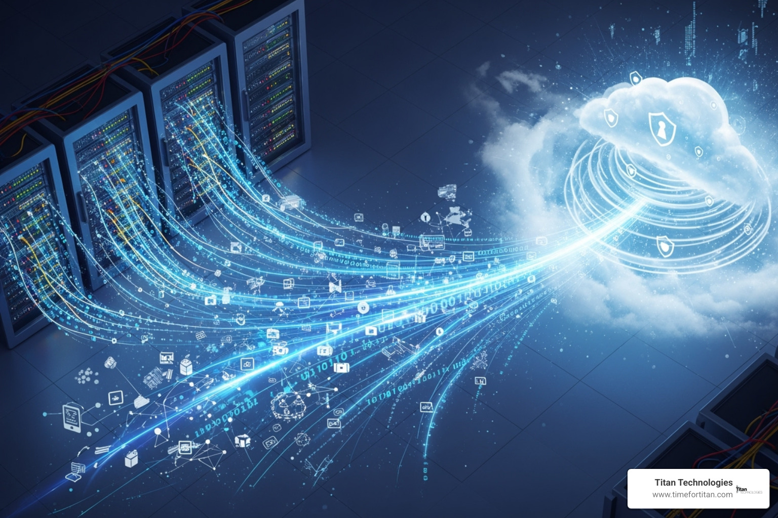 A visual representation of cloud migration, showing data flowing from on-premise servers to a cloud environment, symbolizing a seamless transition.