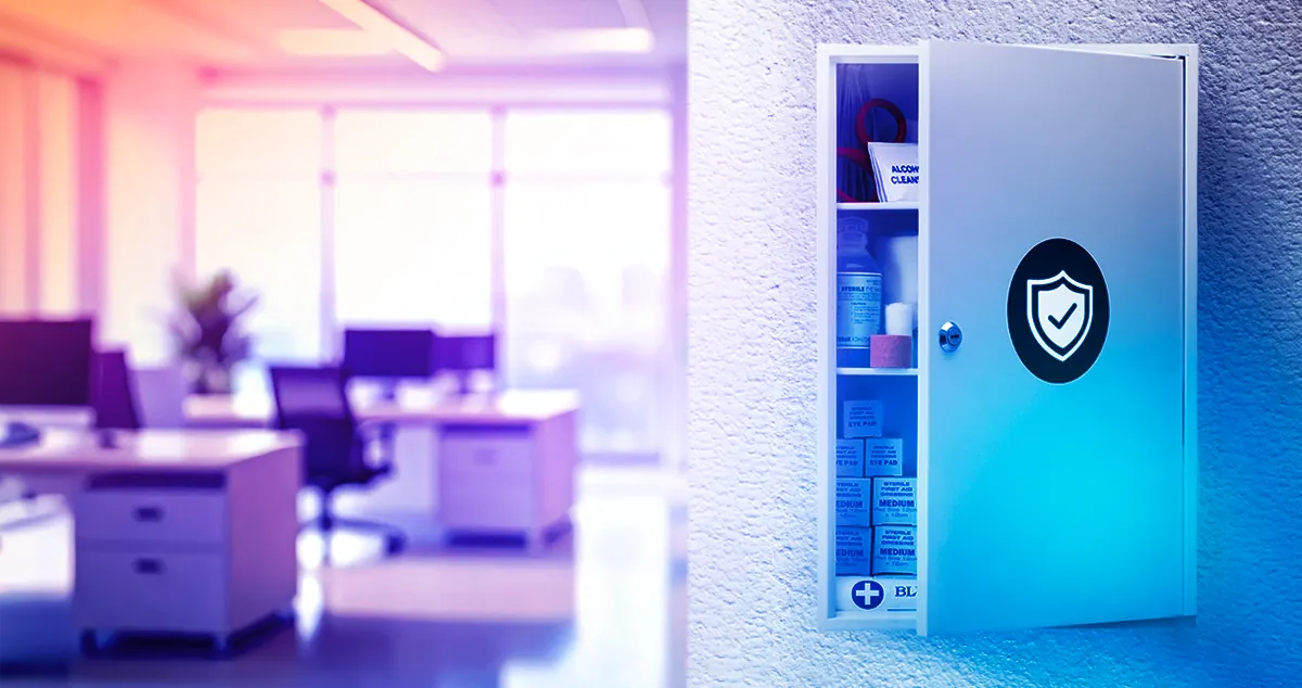 Cybersecurity medicine cabinet with shield icon